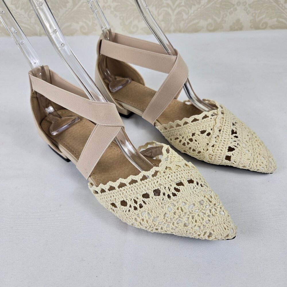 Unbranded Sz 37 (US 6.5-7) Cream Crochet Flats Pointed Toe Elastic Cross Straps